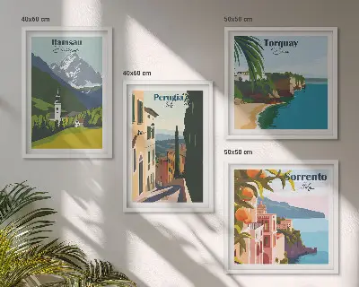Set van posters met lijst Berglandschappen en steden