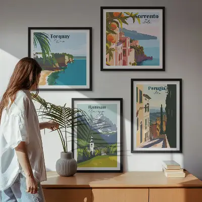 Set van posters met lijst Berglandschappen en steden