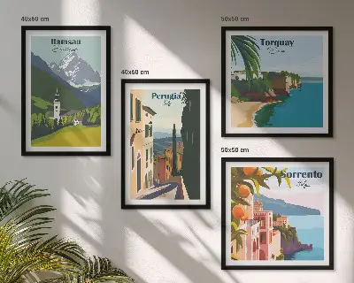 Set van posters met lijst Berglandschappen en steden