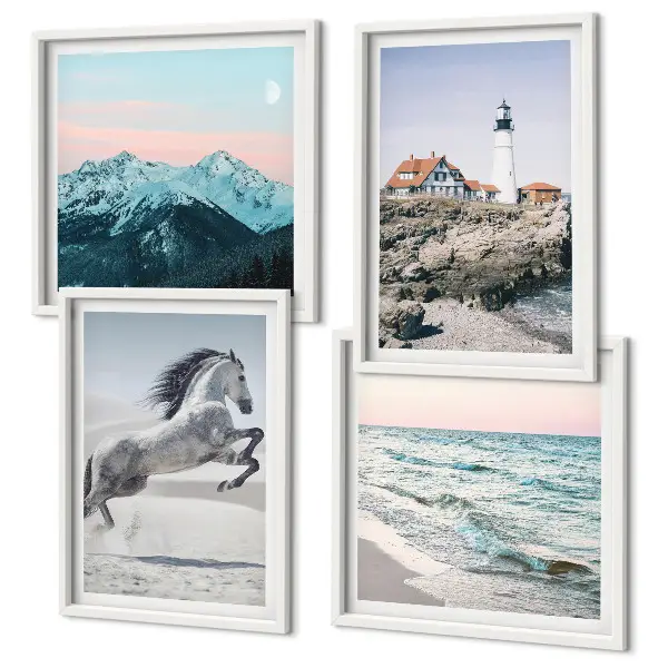 Set van posters met lijst met afbeeldingen van paarden in beweging, het strand, een vuurtoren en bergen