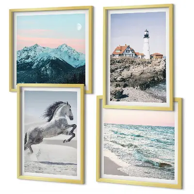 Set van posters met lijst met afbeeldingen van paarden in beweging, het strand, een vuurtoren en bergen