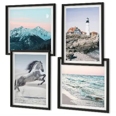 Set van posters met lijst met afbeeldingen van paarden in beweging, het strand, een vuurtoren en bergen