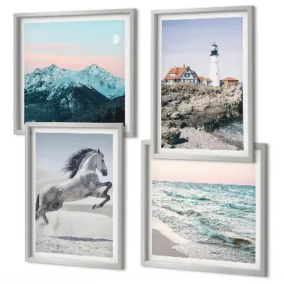 Set van posters met lijst met afbeeldingen van paarden in beweging, het strand, een vuurtoren en bergen