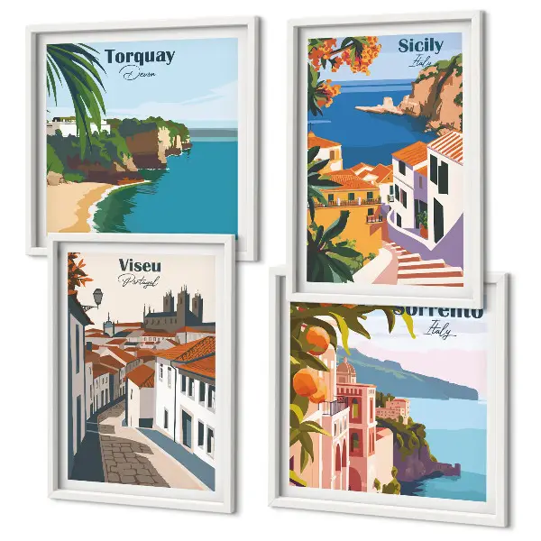 Set van posters met lijst Retro-illustraties van wereldsteden