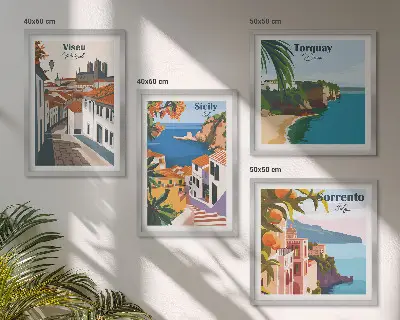 Set van posters met lijst Retro-illustraties van wereldsteden