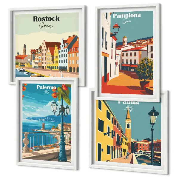 Retro stadsillustraties set van posters met lijst