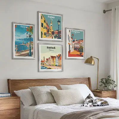 Retro stadsillustraties set van posters met lijst