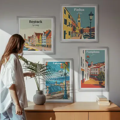 Retro stadsillustraties set van posters met lijst