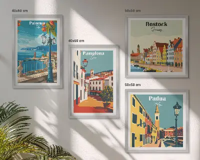 Retro stadsillustraties set van posters met lijst
