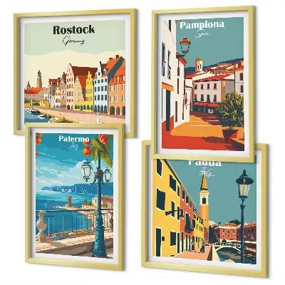 Retro stadsillustraties set van posters met lijst