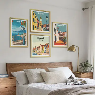 Retro stadsillustraties set van posters met lijst