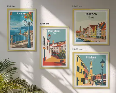 Retro stadsillustraties set van posters met lijst