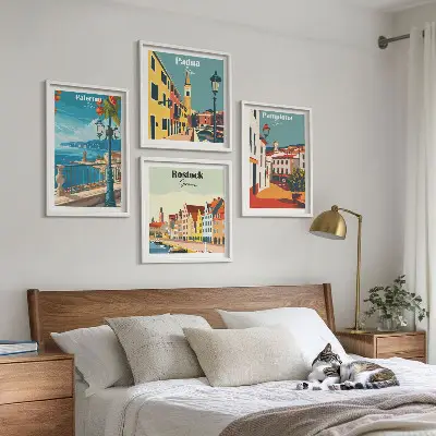 Retro stadsillustraties set van posters met lijst