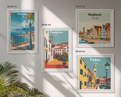 Retro stadsillustraties set van posters met lijst