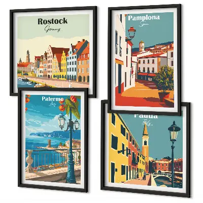 Retro stadsillustraties set van posters met lijst