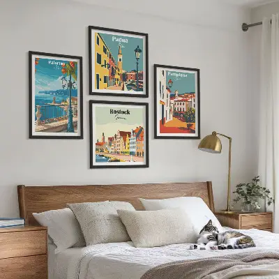 Retro stadsillustraties set van posters met lijst