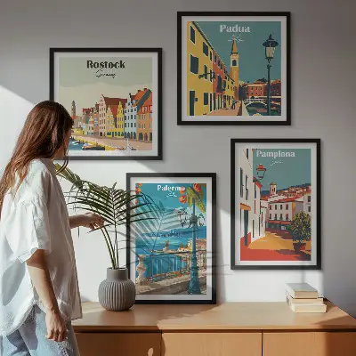 Retro stadsillustraties set van posters met lijst