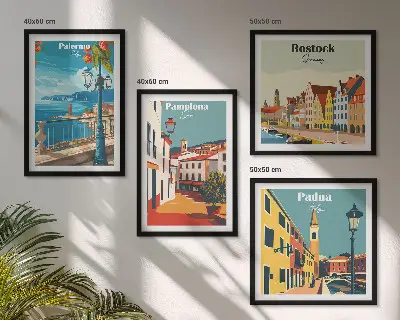 Retro stadsillustraties set van posters met lijst