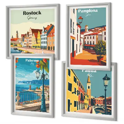 Retro stadsillustraties set van posters met lijst