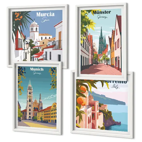 Europese steden in kleurillustraties meerluik in lijst