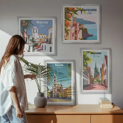 Europese steden in kleurillustraties meerluik in lijst
