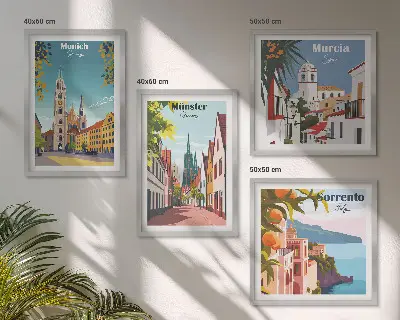 Europese steden in kleurillustraties meerluik in lijst