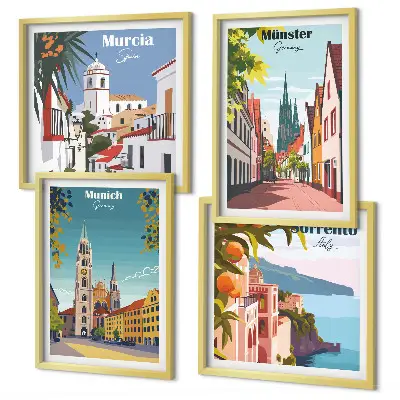 Europese steden in kleurillustraties meerluik in lijst