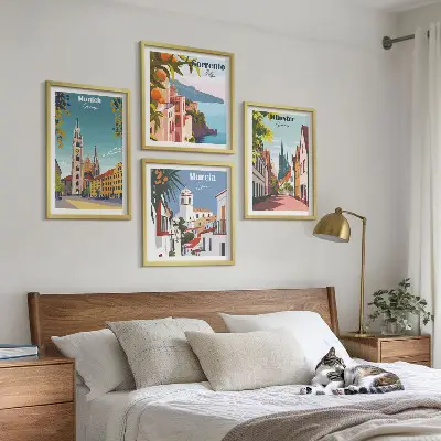 Europese steden in kleurillustraties meerluik in lijst