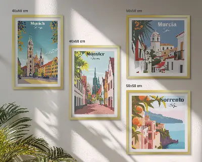 Europese steden in kleurillustraties meerluik in lijst