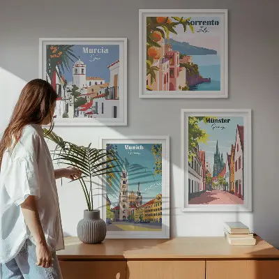 Europese steden in kleurillustraties meerluik in lijst