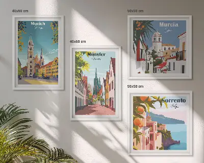 Europese steden in kleurillustraties meerluik in lijst