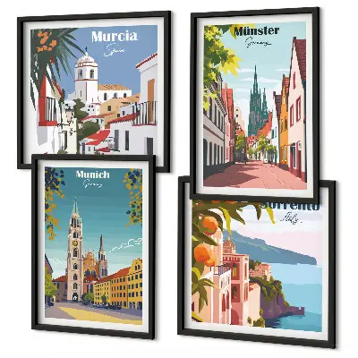 Europese steden in kleurillustraties meerluik in lijst