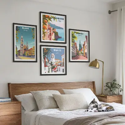Europese steden in kleurillustraties meerluik in lijst