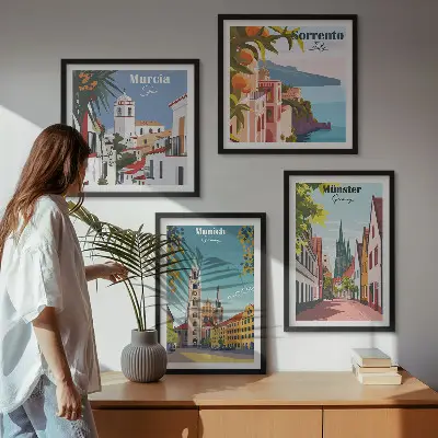 Europese steden in kleurillustraties meerluik in lijst