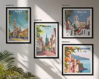 Europese steden in kleurillustraties meerluik in lijst
