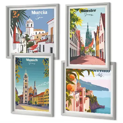 Europese steden in kleurillustraties meerluik in lijst