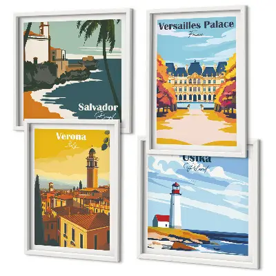 Set van posters met lijst Uitzichten op beroemde plaatsen aan zee