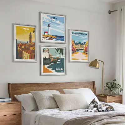 Set van posters met lijst Uitzichten op beroemde plaatsen aan zee