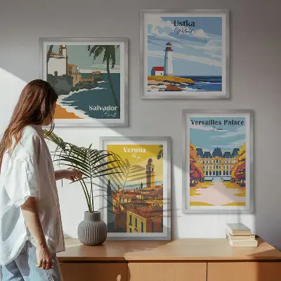 Set van posters met lijst Uitzichten op beroemde plaatsen aan zee