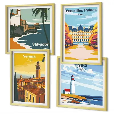 Set van posters met lijst Uitzichten op beroemde plaatsen aan zee