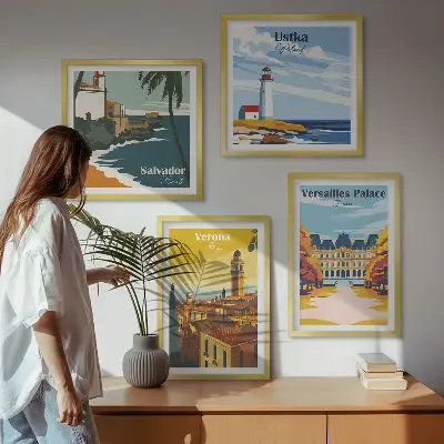 Set van posters met lijst Uitzichten op beroemde plaatsen aan zee