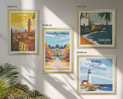 Set van posters met lijst Uitzichten op beroemde plaatsen aan zee
