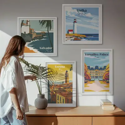 Set van posters met lijst Uitzichten op beroemde plaatsen aan zee