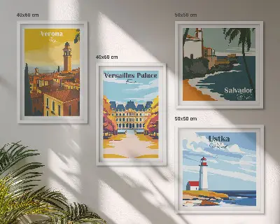 Set van posters met lijst Uitzichten op beroemde plaatsen aan zee