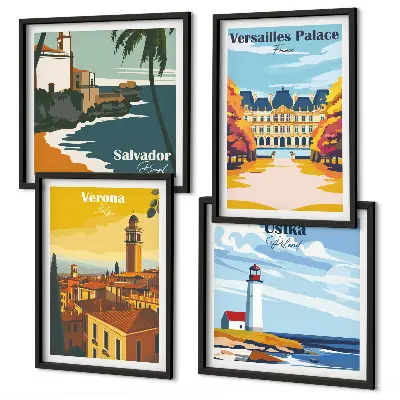 Set van posters met lijst Uitzichten op beroemde plaatsen aan zee
