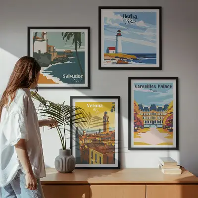 Set van posters met lijst Uitzichten op beroemde plaatsen aan zee