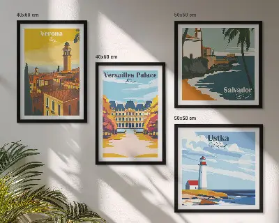 Set van posters met lijst Uitzichten op beroemde plaatsen aan zee