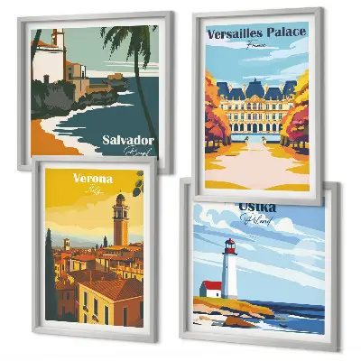 Set van posters met lijst Uitzichten op beroemde plaatsen aan zee