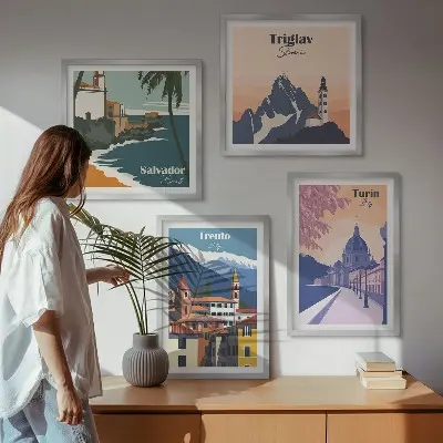 Illustraties van retro-architectuur in de bergen meerluik in lijst