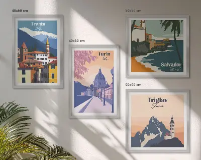 Illustraties van retro-architectuur in de bergen meerluik in lijst